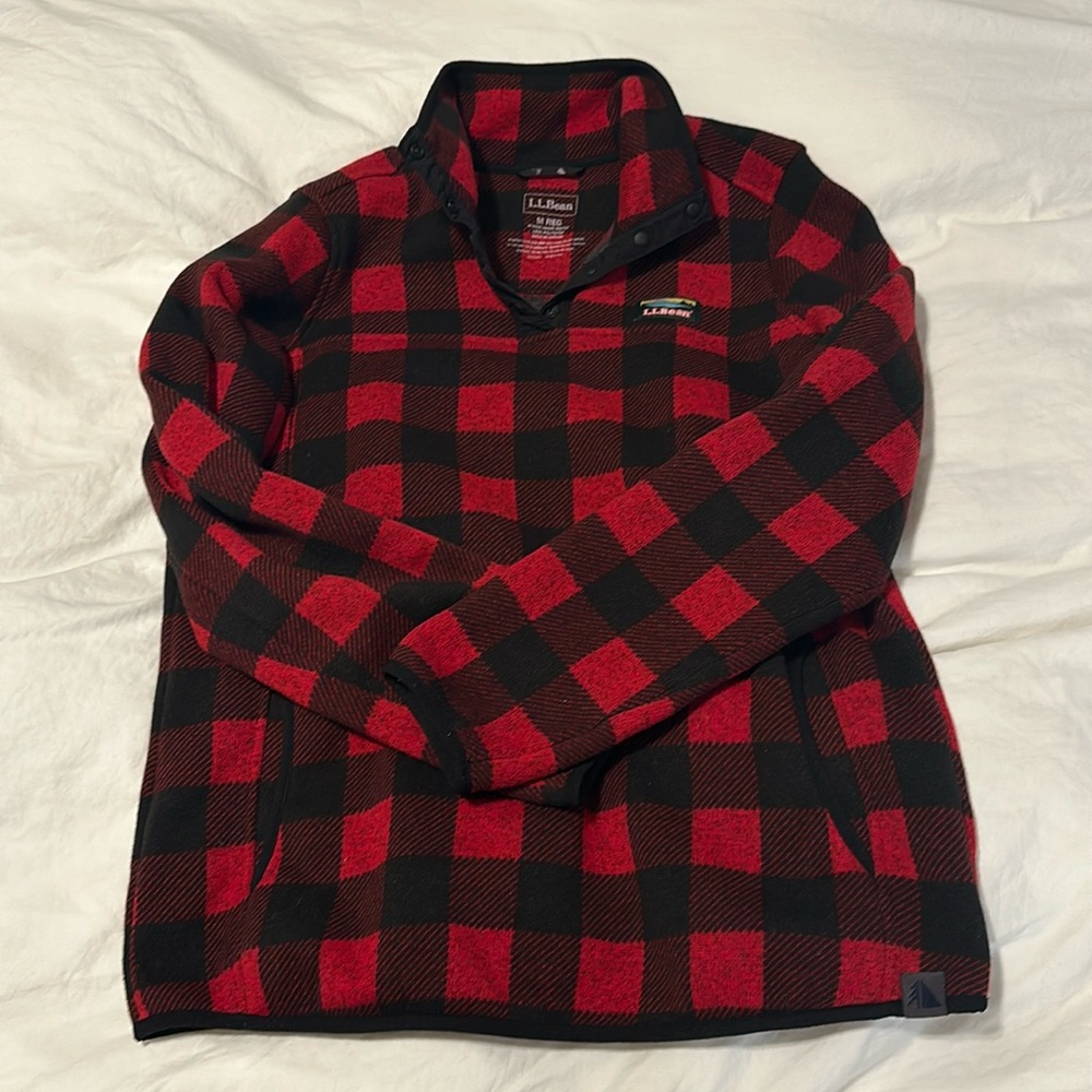 LL Bean red & black buffalo plaid sweater fleece jacket size medium